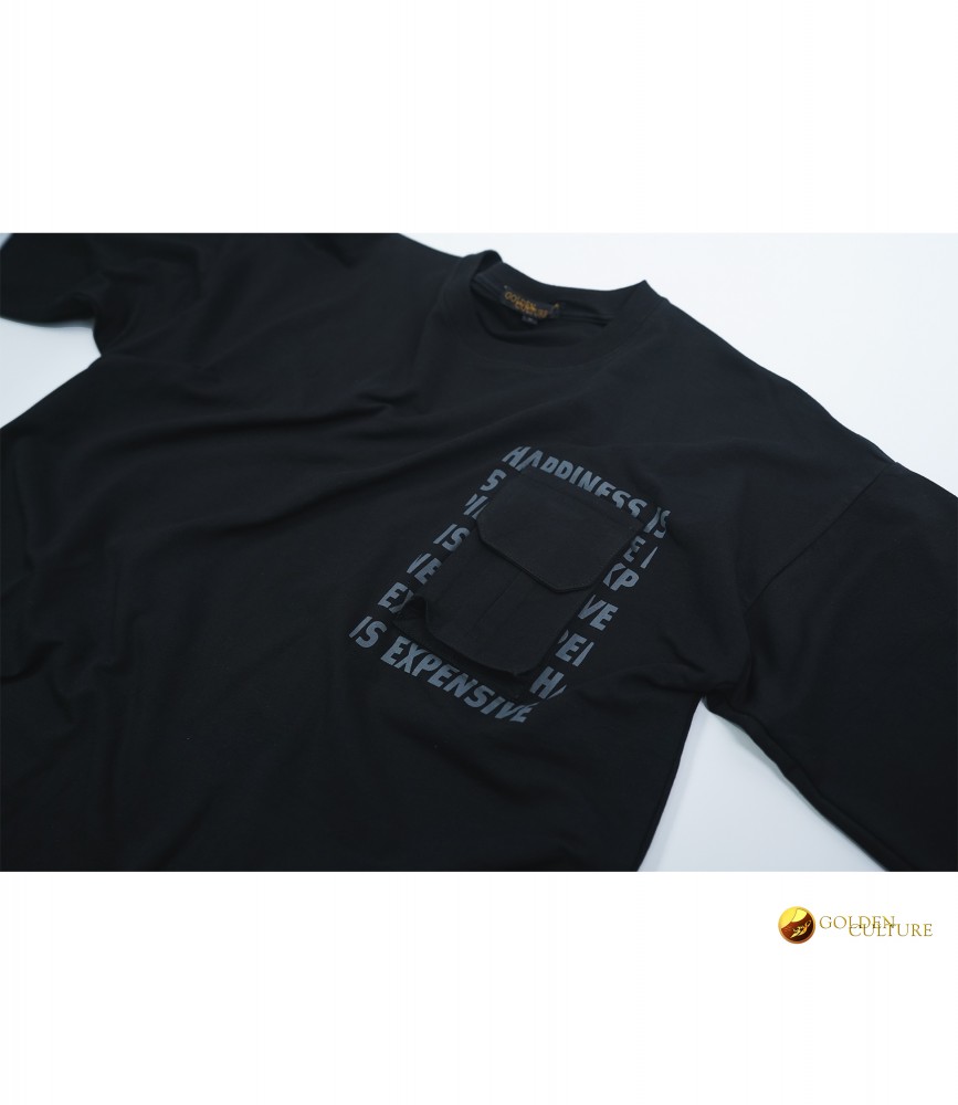 HAPPINESS IS EXPENSIVE Pockets Oversized T-Shirt (Black)